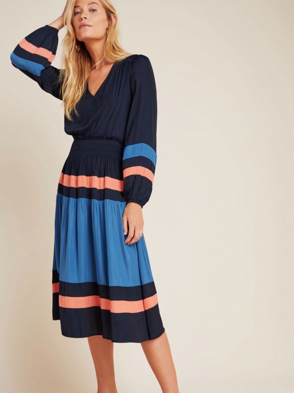 Anthropologie Current Air Aidy Colorblocked Midi Dress Blue Peach Size L
